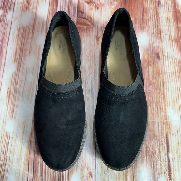 Clarks AIRABELL Womens Size 8 Black Suede Wedge Heel Slip On Loafers Shoes - Picture 3 of 10